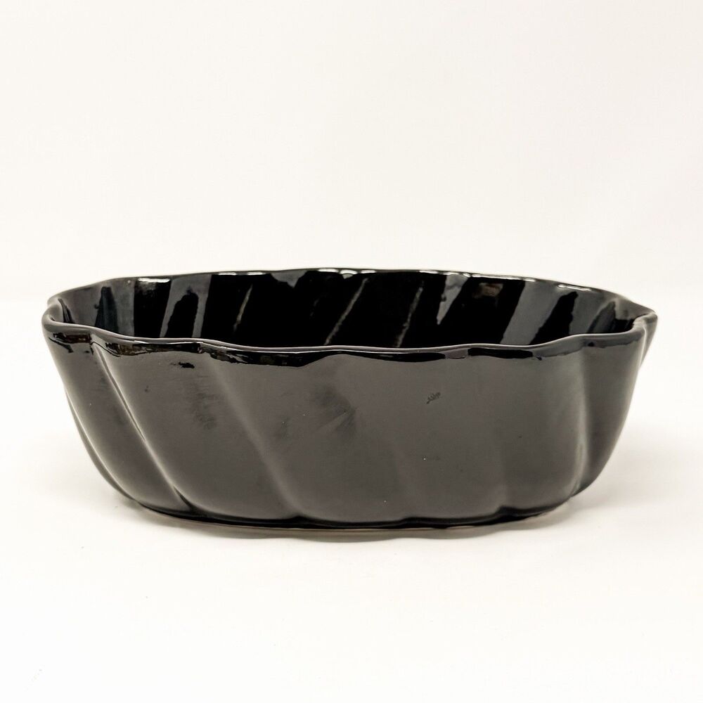 Vintage California Pottery Black Scalloped Planter Bowl Glossy Mid Century MCM